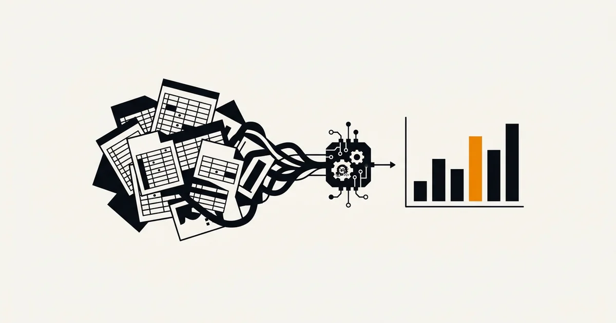Illustratie: een stapel spreadsheets gaat door een AI en komt eruit als één overzichtelijke grafiek