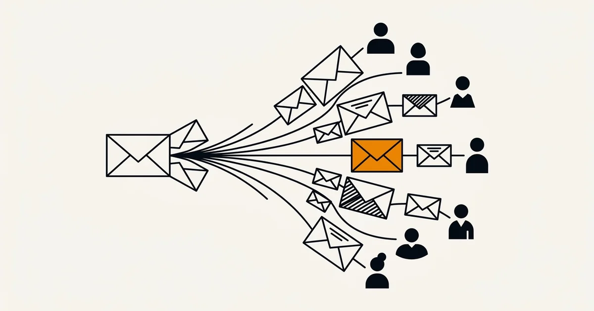Illustratie: één e-mail splitst zich in gepersonaliseerde varianten voor verschillende ontvangers