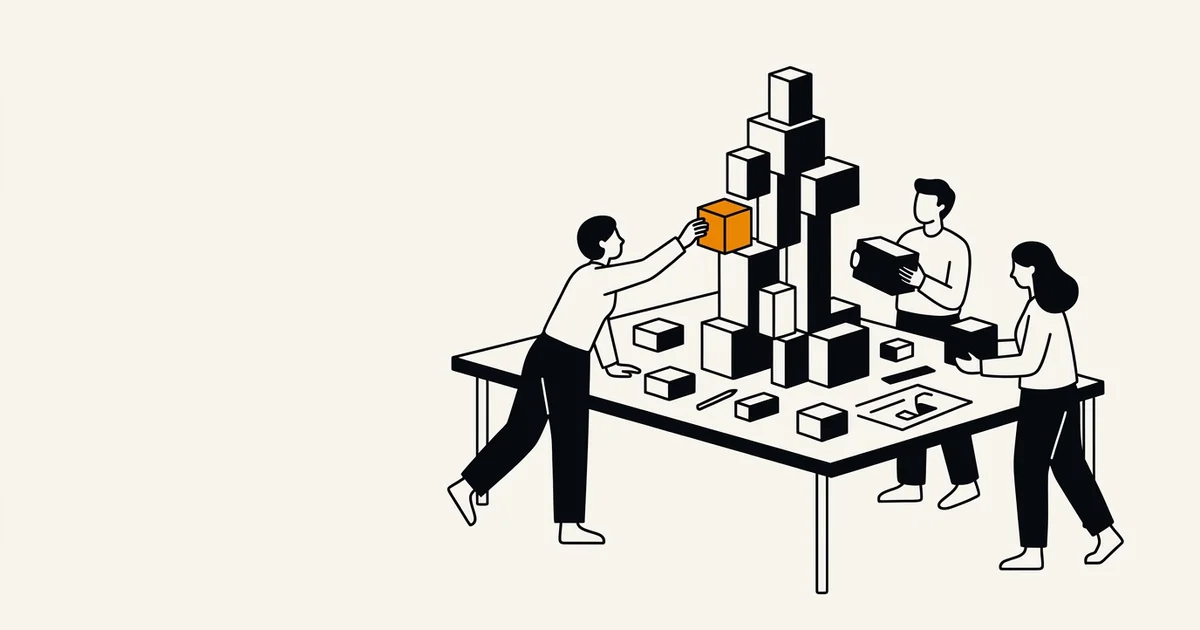 Illustratie: een team bouwt samen van onderop een structuur van blokken