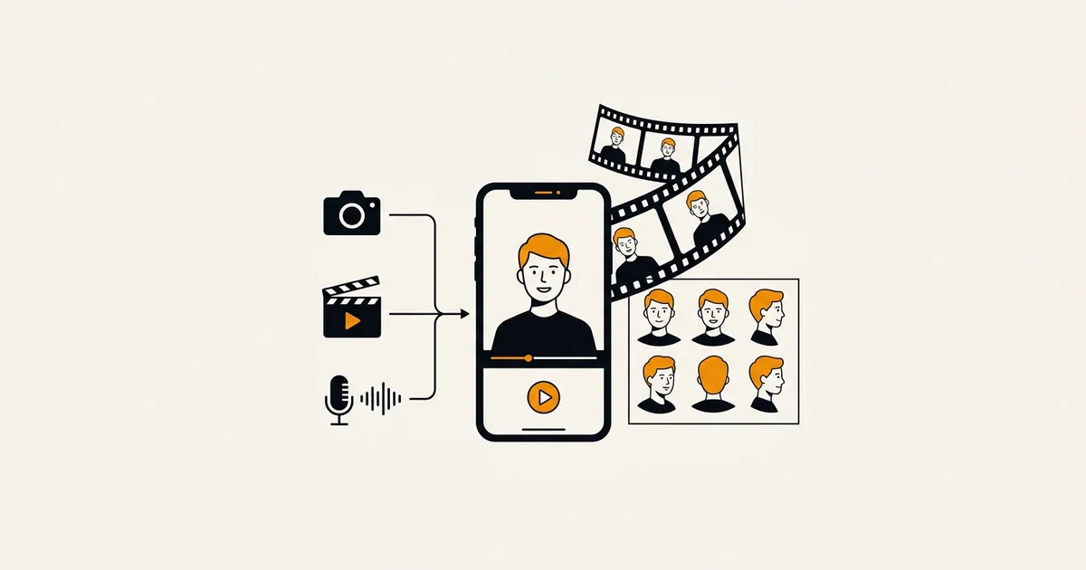 Illustratie: beeld, video en voice-over komen samen in een korte video op een telefoon, met een personageblad ernaast