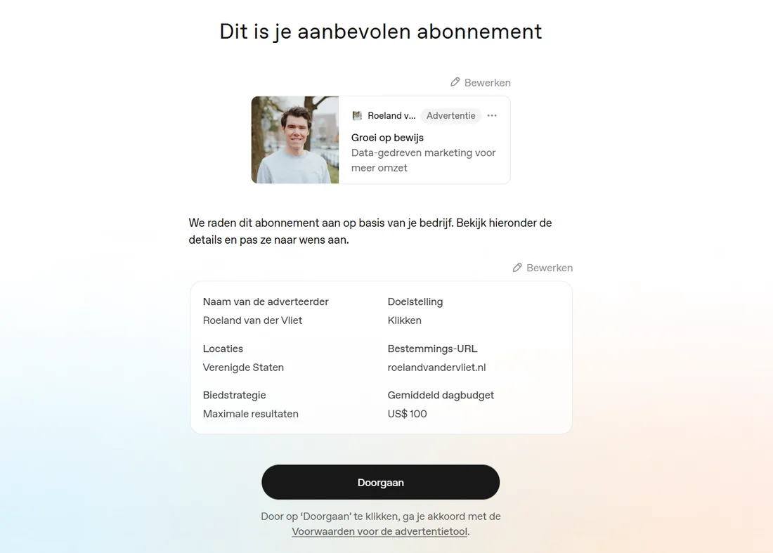 Het aanbevolen campagnevoorstel in de ChatGPT Ads-onboarding: een Nederlandstalige advertentie, maar met locatie Verenigde Staten en een dagbudget van 100 dollar