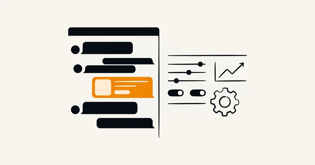 Illustratie van een chatgesprek met daarin een uitgelichte advertentie, naast een dashboard met schuifjes en een stijgende grafiek