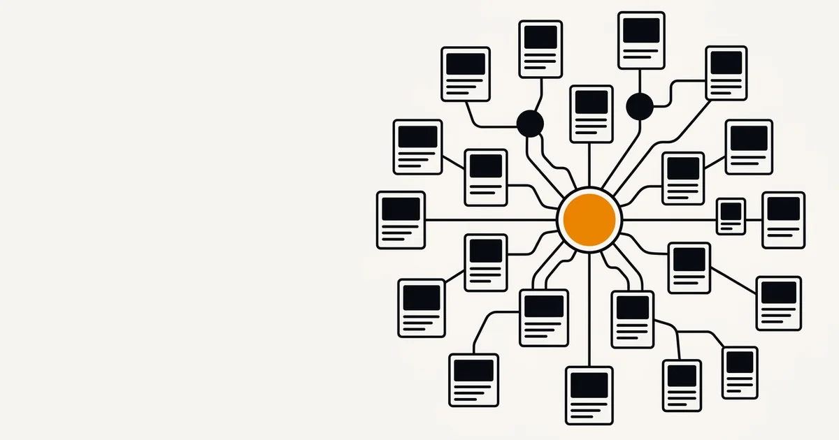 Illustratie: een contenthub met artikelen die vanuit één centraal onderwerp vertakken