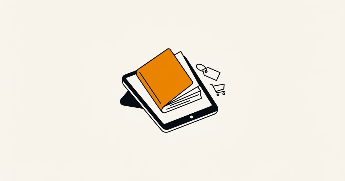 Illustratie: een e-book op een tablet met prijskaartje en winkelwagen