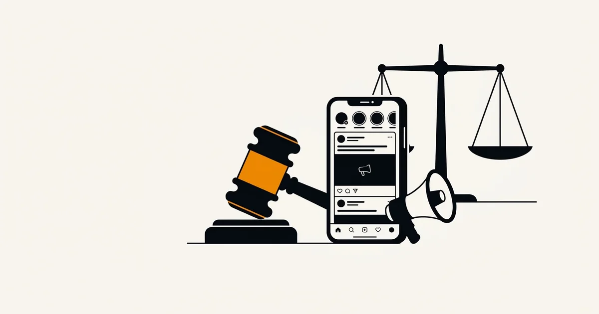 Illustratie: een rechtershamer naast een smartphone met een social feed en een weegschaal