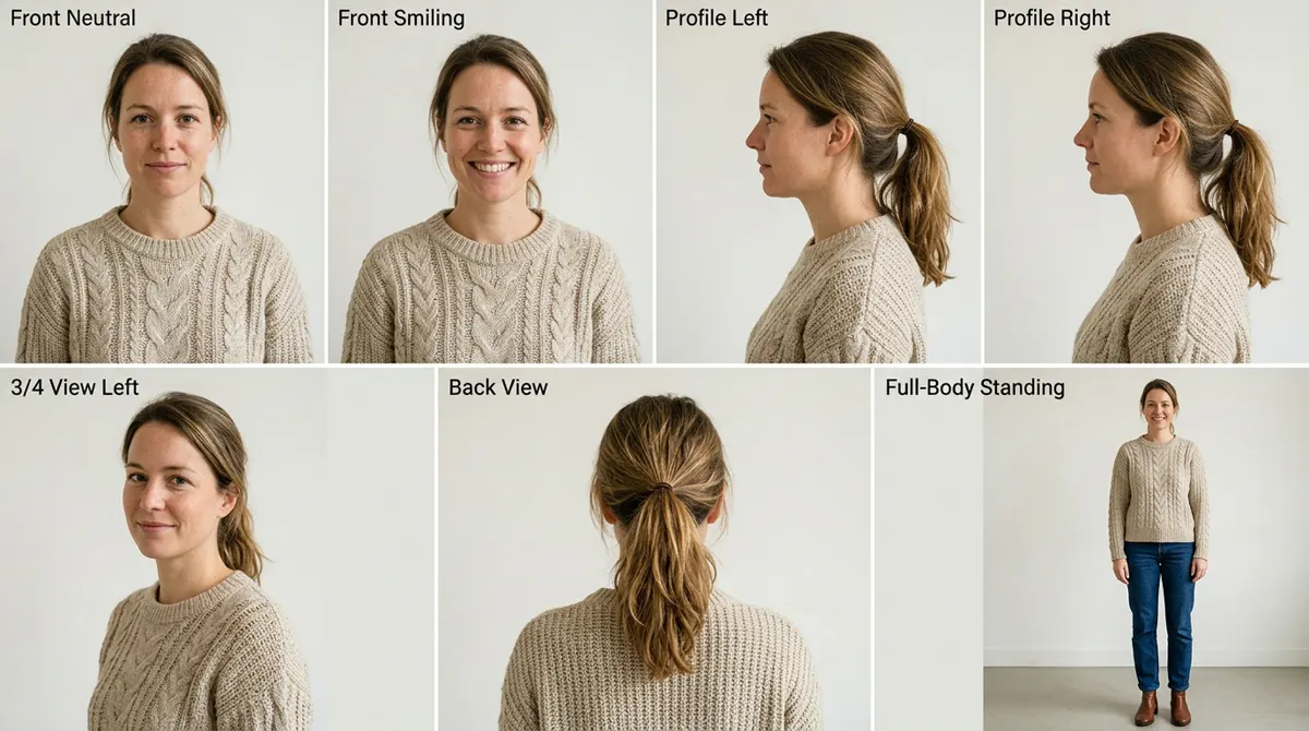 AI-personageblad van een vrouw van midden dertig in een beige kabeltrui: zeven aanzichten van dezelfde persoon