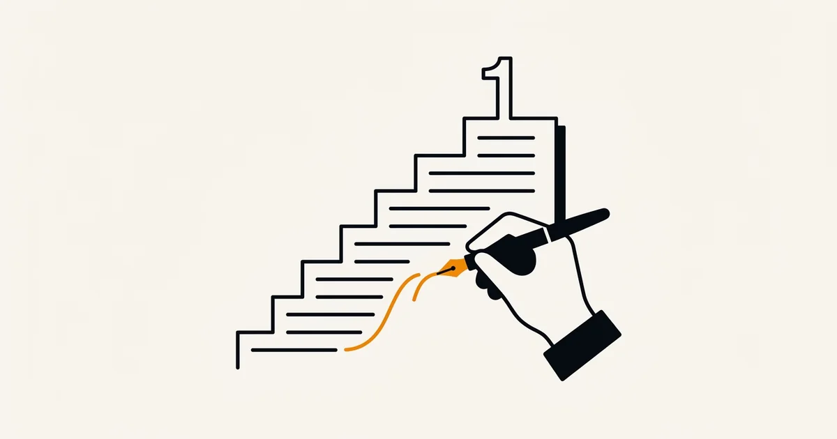 Illustratie: een pen schrijft tekstregels die een trap naar positie één vormen