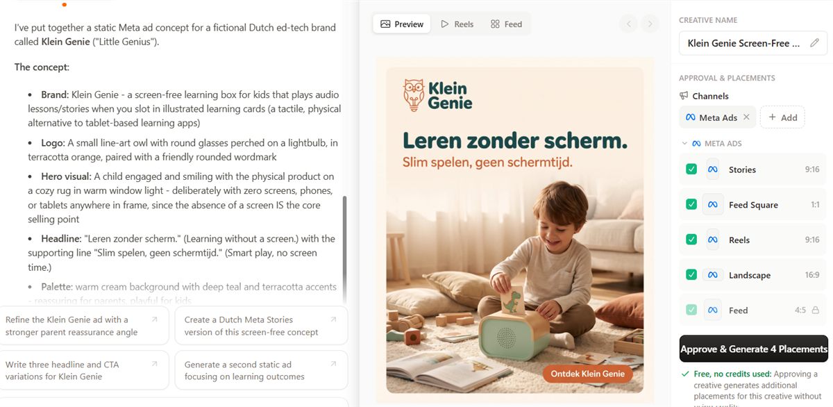 Superscale-interface met een gegenereerde Meta-advertentie voor het fictieve edtech-merk Klein Genie, inclusief varianten voor alle placements