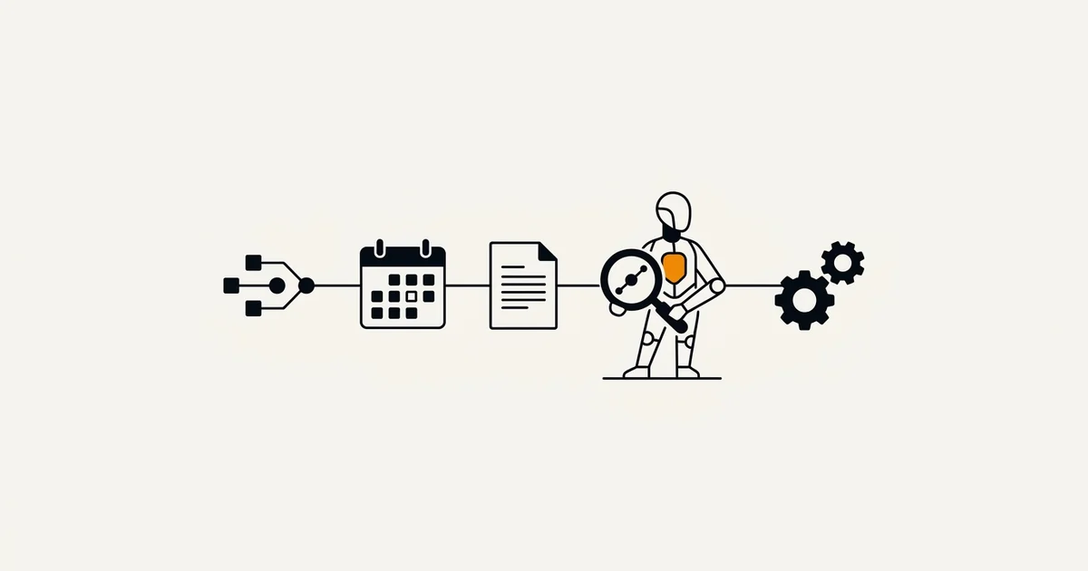 Illustratie van een AI-agent die zelfstandig een keten van taken afwerkt: workflow, agenda, document, zoeken en instellingen