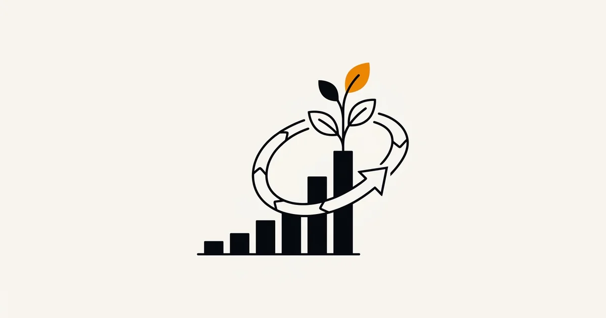 Illustratie: een plant groeit uit een staafdiagram, omringd door een experimenteerlus