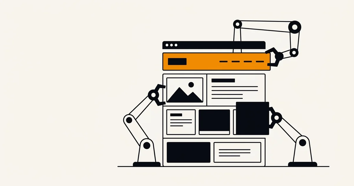 Illustratie: robotarmen zetten een website blok voor blok in elkaar
