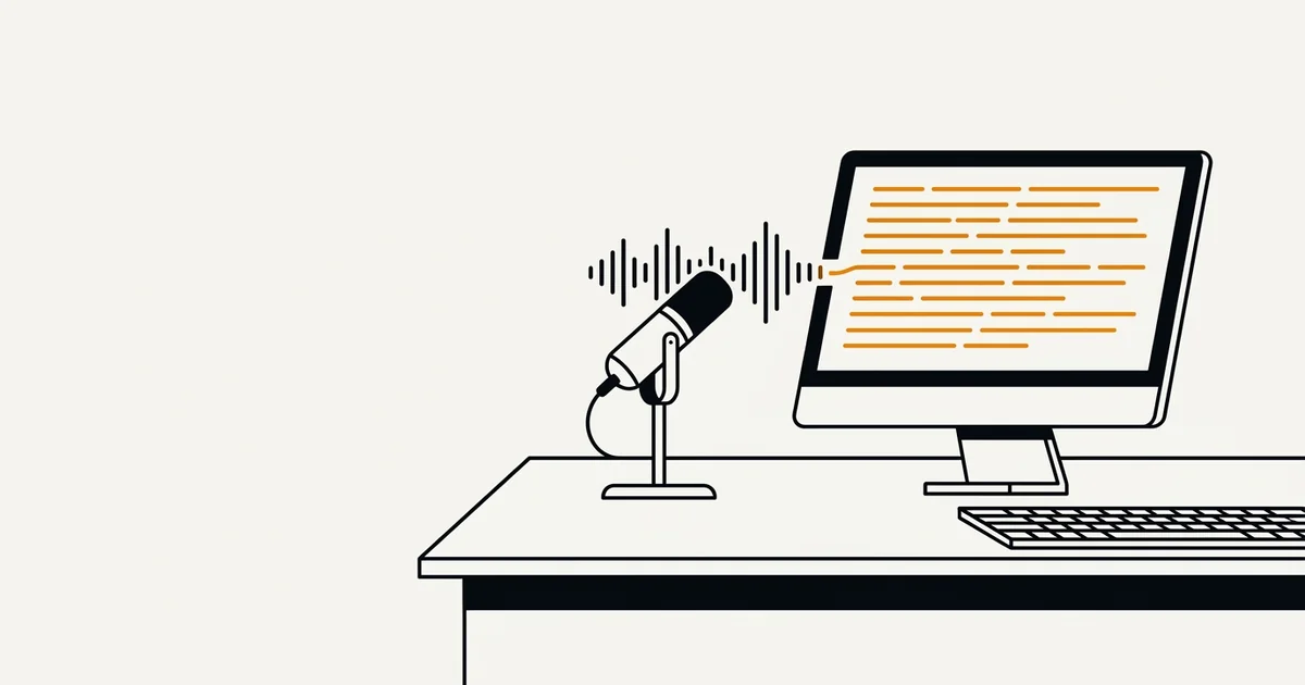 Illustratie: geluidsgolven van een microfoon worden getypte tekst op een scherm